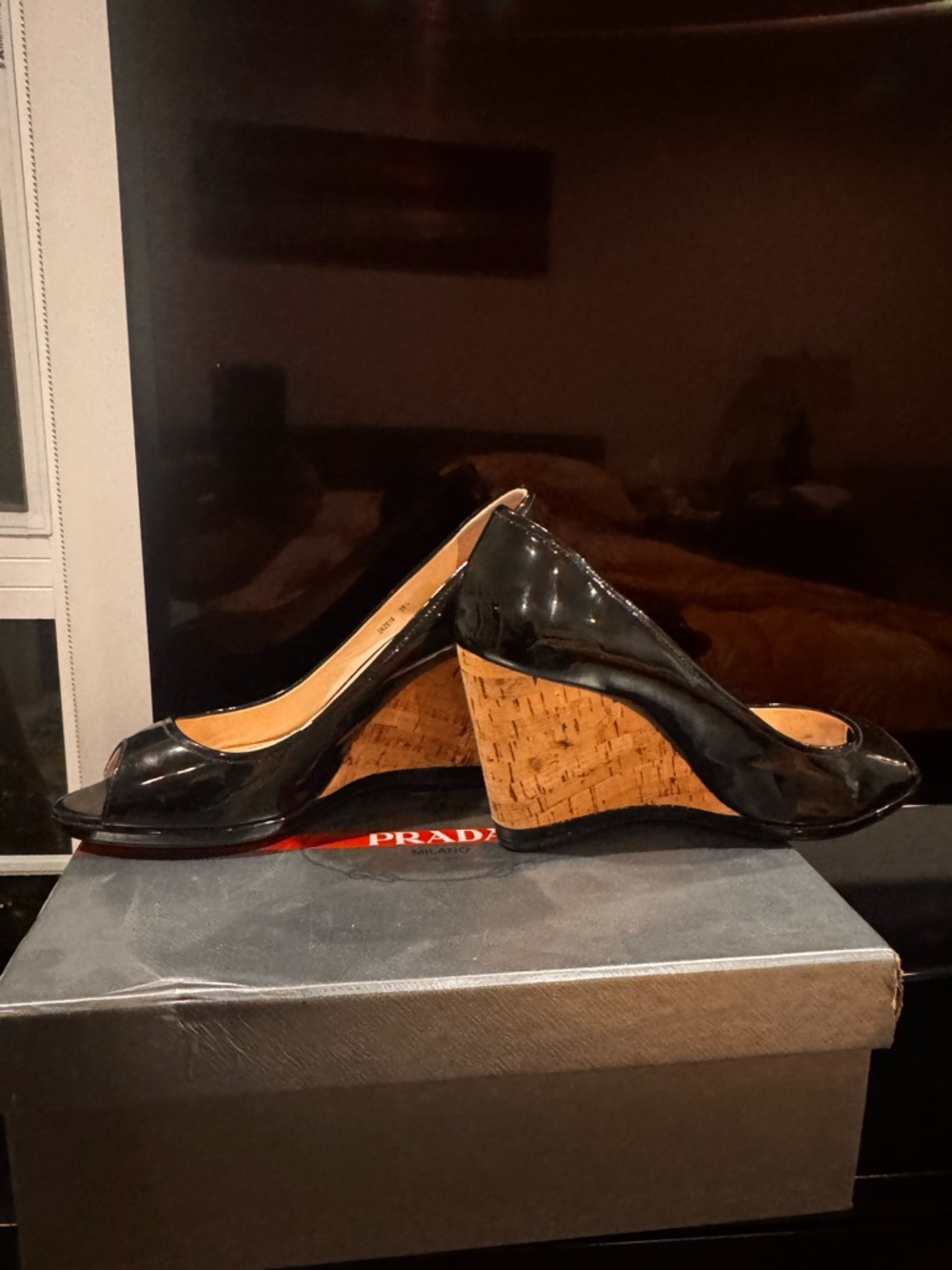 Prada Black Patent Peep-Toe Heels